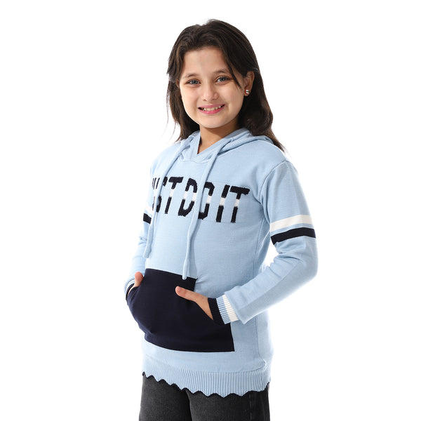 Acrylic Girls Dress With Self Pattern Jacket Light Blue