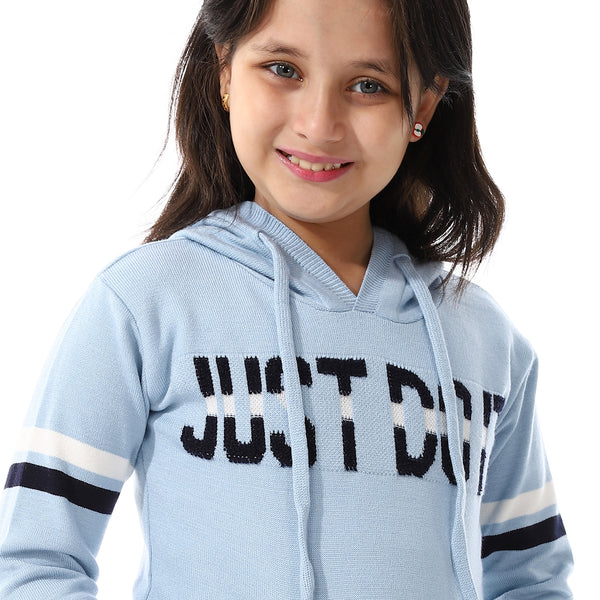 Acrylic Girls Dress With Self Pattern Jacket Light Blue