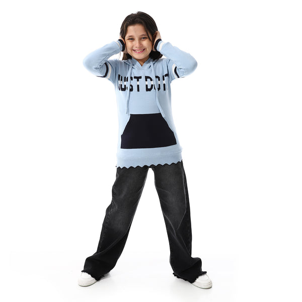 Acrylic Girls Dress With Self Pattern Jacket Light Blue