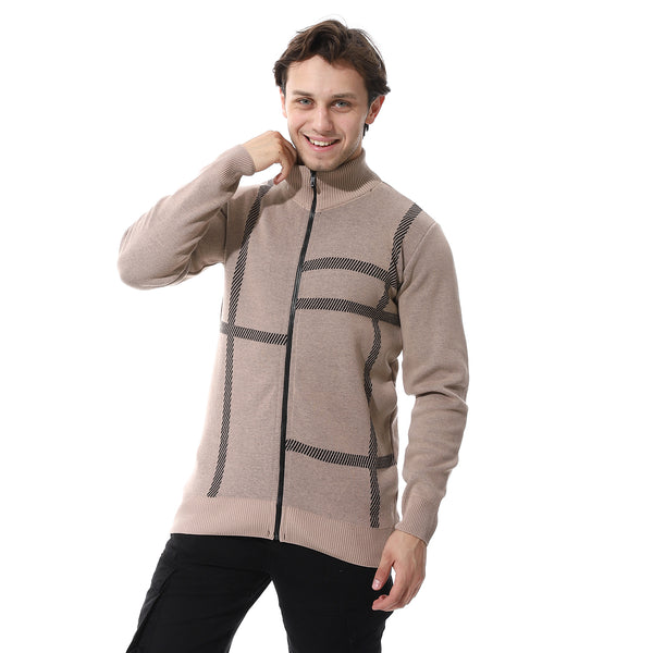 Zip through neck knitted sweater buff beige & black
