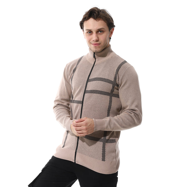 Zip through neck knitted sweater buff beige & black