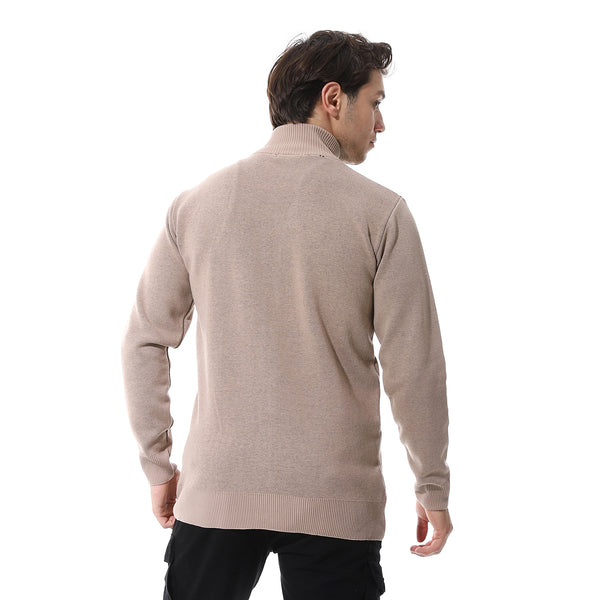 Zip through neck knitted sweater buff beige & black