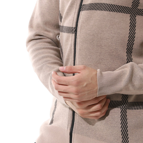 Zip through neck knitted sweater buff beige & black