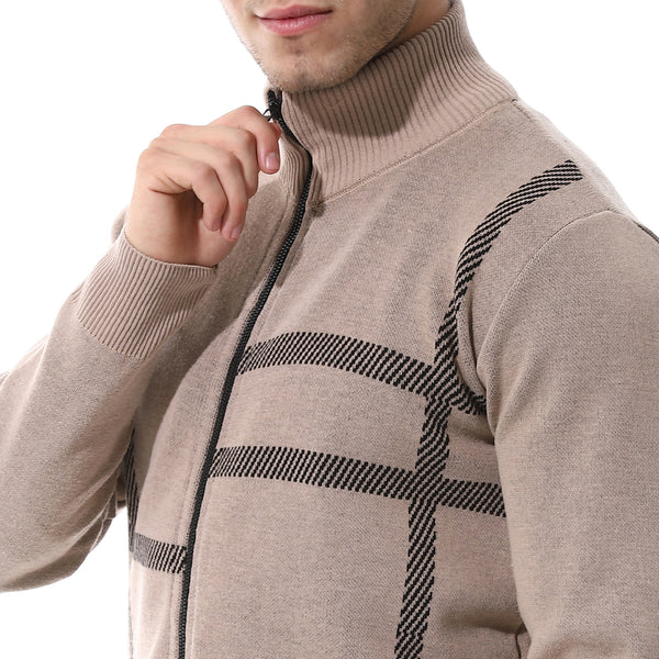 Zip through neck knitted sweater buff beige & black