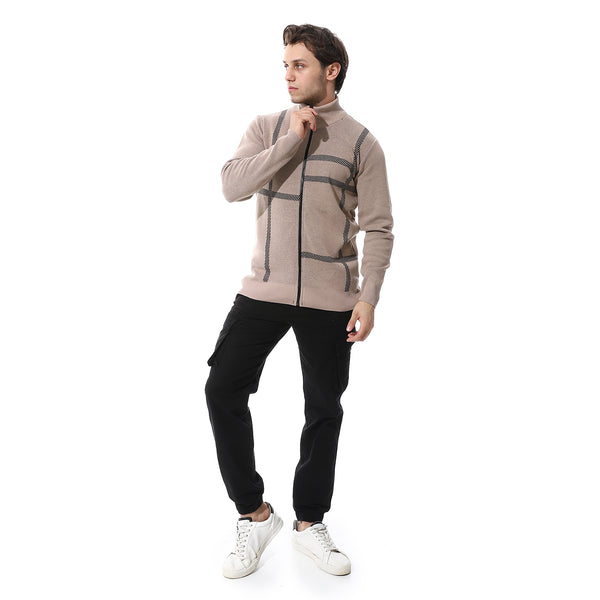 Zip through neck knitted sweater buff beige & black