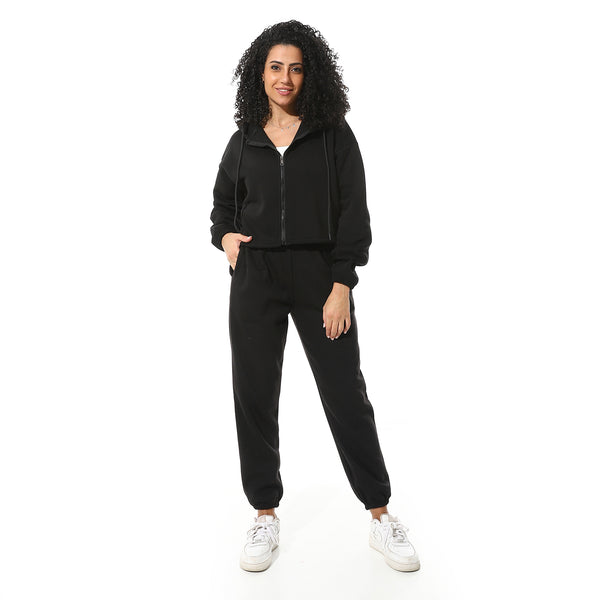 Black-Elastic-Waist-Hooded-Fleeced-Tracksuit