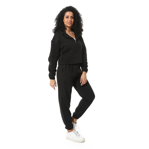 Black-Elastic-Waist-Hooded-Fleeced-Tracksuit