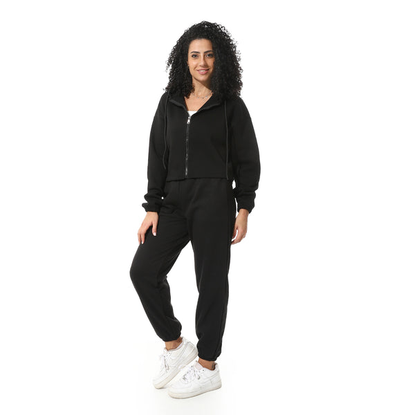 Black-Elastic-Waist-Hooded-Fleeced-Tracksuit