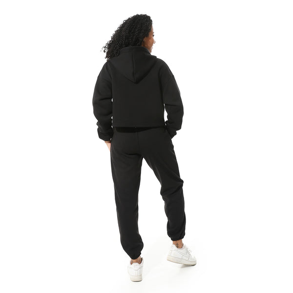 Black-Elastic-Waist-Hooded-Fleeced-Tracksuit