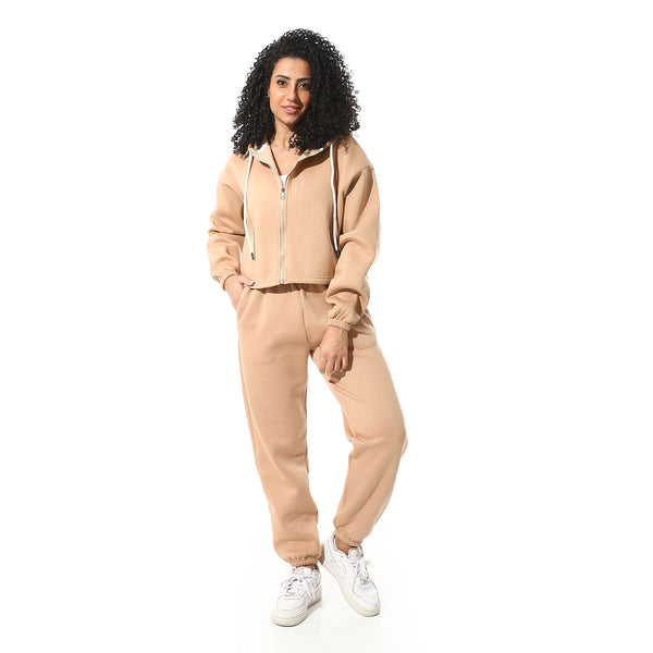 Beige-Elastic-Waist-Hooded-Fleeced-Tracksuit