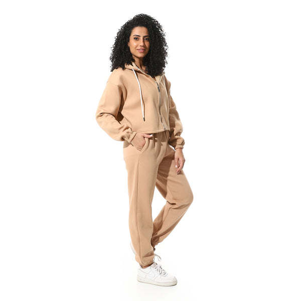 Beige-Elastic-Waist-Hooded-Fleeced-Tracksuit