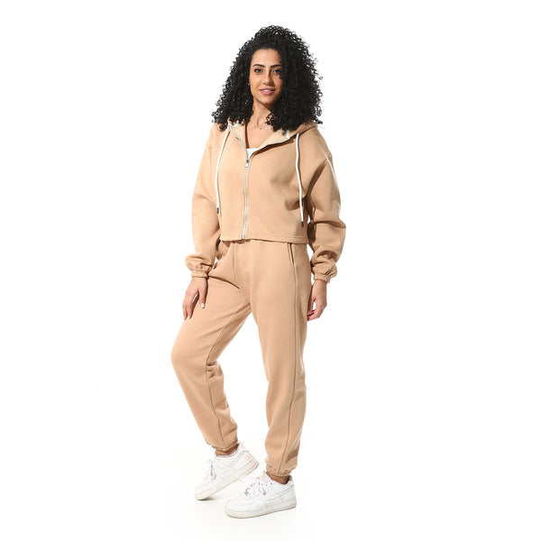 Beige-Elastic-Waist-Hooded-Fleeced-Tracksuit
