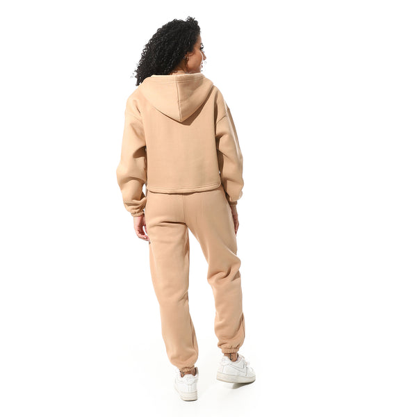 Beige-Elastic-Waist-Hooded-Fleeced-Tracksuit