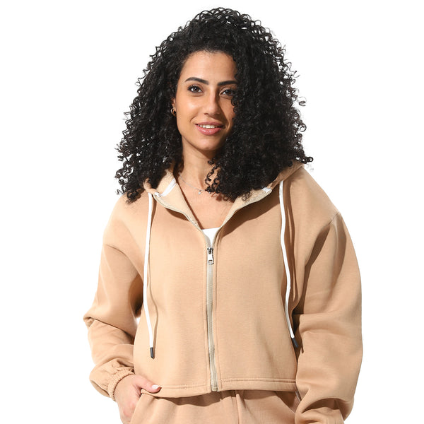 Beige-Elastic-Waist-Hooded-Fleeced-Tracksuit