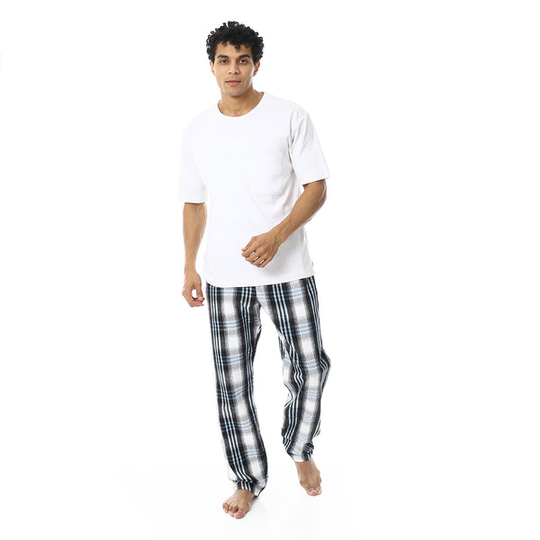 Plaid_Pattern_Elastic_Waist_Pajama_Bottom_-_Black,_White_&_Baby_Blue