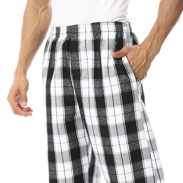 Plaid_Pattern_Elastic_Waist_Pajama_Bottom_-_Black_&_White