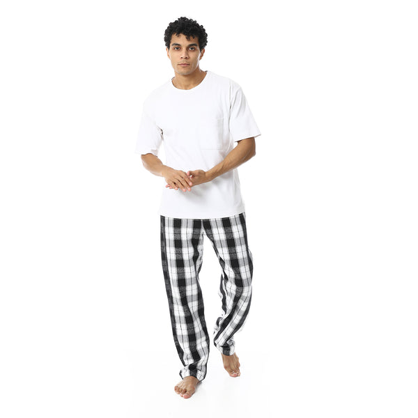 Plaid_Pattern_Elastic_Waist_Pajama_Bottom_-_Black_&_White