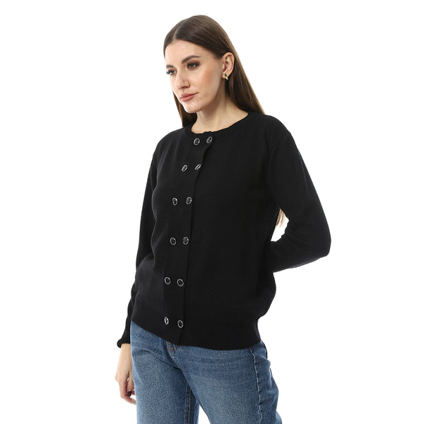 Double_Buttons_Black_Casual_Cardigan
