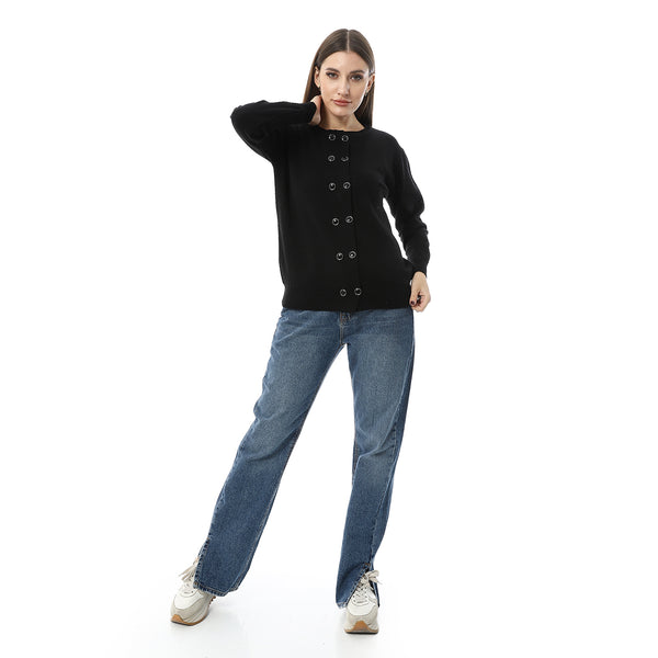 Double_Buttons_Black_Casual_Cardigan