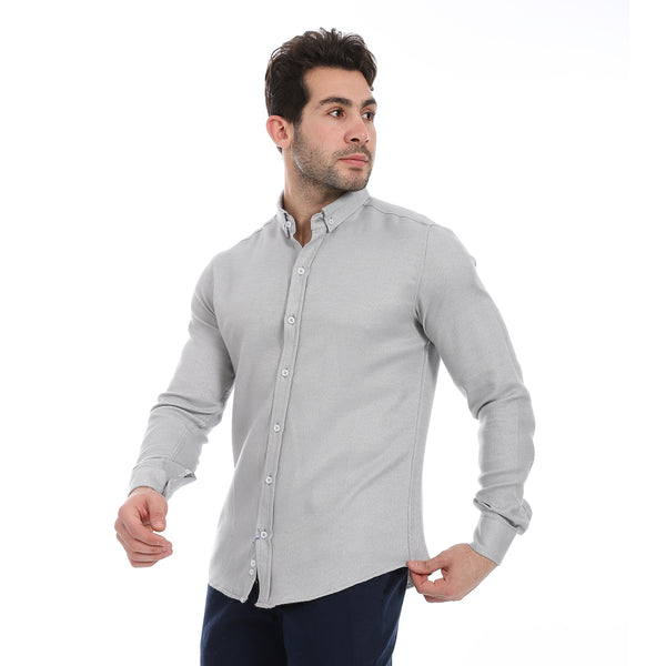 Self_Patterned_Grey_Button-Up_Cotton_Shirt