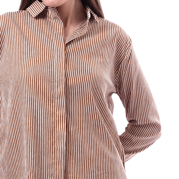 Feminine_Striped_Button_Down_Long_Sleeves_Shirt_-_Brown_&_White