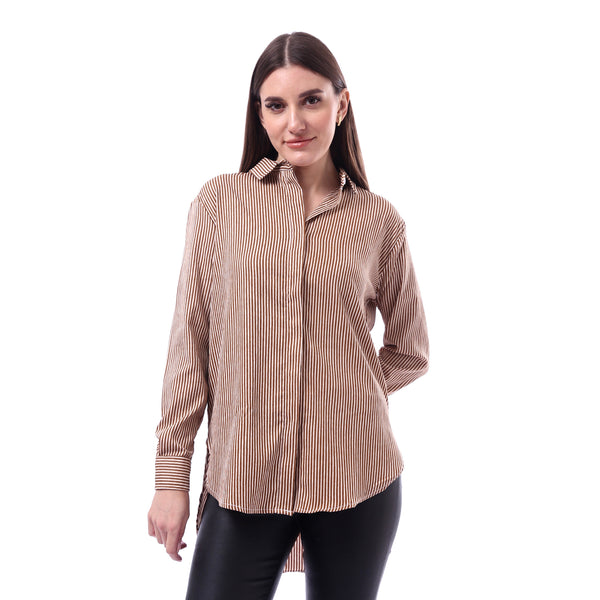 Feminine_Striped_Button_Down_Long_Sleeves_Shirt_-_Brown_&_White