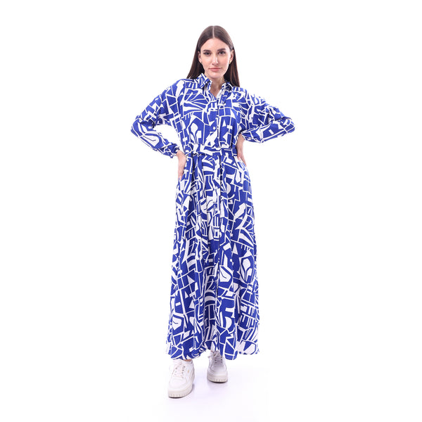 Patterned_Long_Sleeve_Women_Dress_-_Royal_Blue_&_White