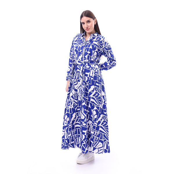 Patterned_Long_Sleeve_Women_Dress_-_Royal_Blue_&_White
