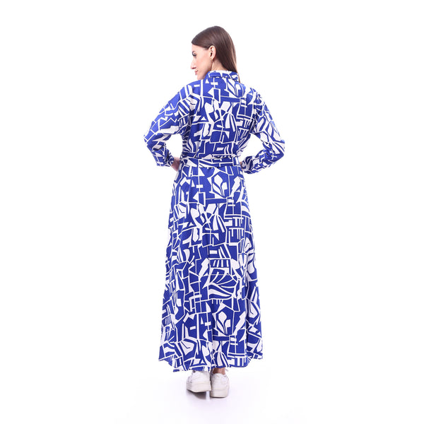 Patterned_Long_Sleeve_Women_Dress_-_Royal_Blue_&_White