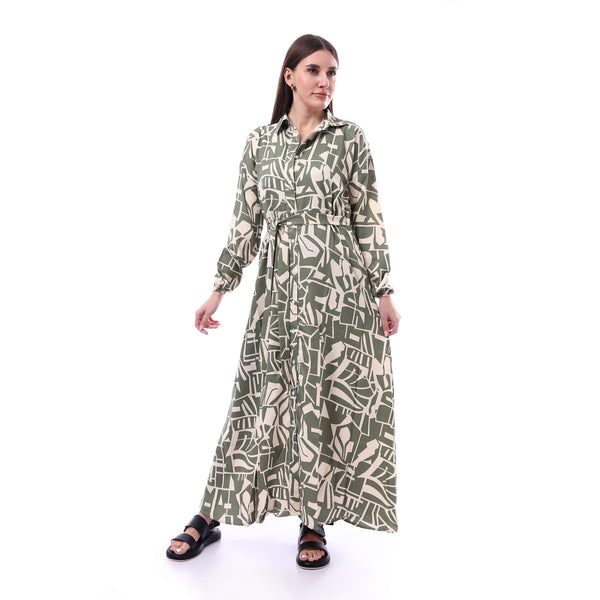 Patterned_Long_Sleeve_Women_Dress_-_Olive_&_Beige