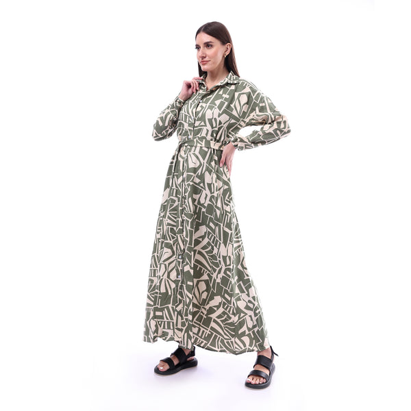 Patterned_Long_Sleeve_Women_Dress_-_Olive_&_Beige