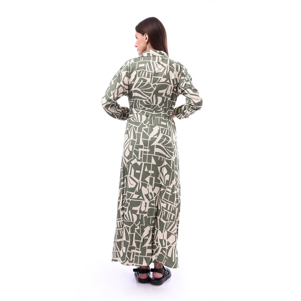 Patterned_Long_Sleeve_Women_Dress_-_Olive_&_Beige