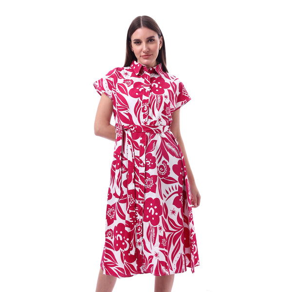 Floral_Dress_Printed_Short_Sleeves_-_Fuchia_&_White