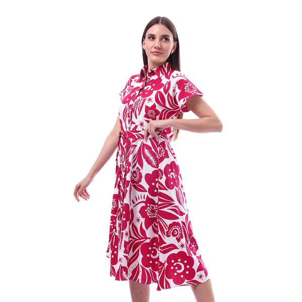 Floral_Dress_Printed_Short_Sleeves_-_Fuchia_&_White