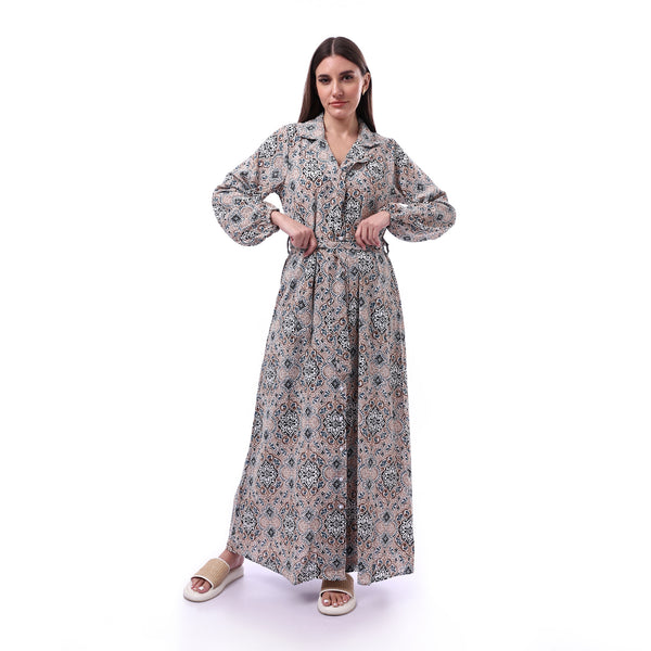 Colorful_Long_Sleeve_Dress_With_Drawstring_At_Waist_-_Beige_&_Turquoise