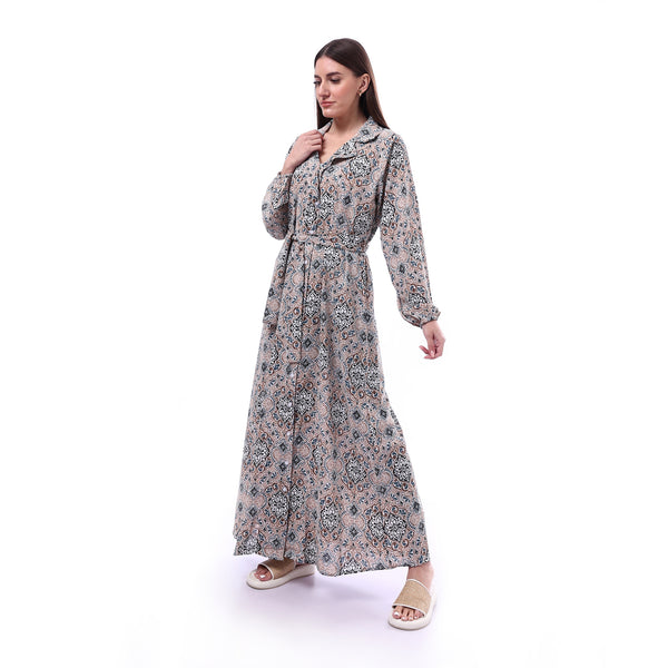 Colorful_Long_Sleeve_Dress_With_Drawstring_At_Waist_-_Beige_&_Turquoise