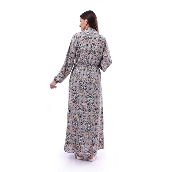 Colorful_Long_Sleeve_Dress_With_Drawstring_At_Waist_-_Beige_&_Turquoise