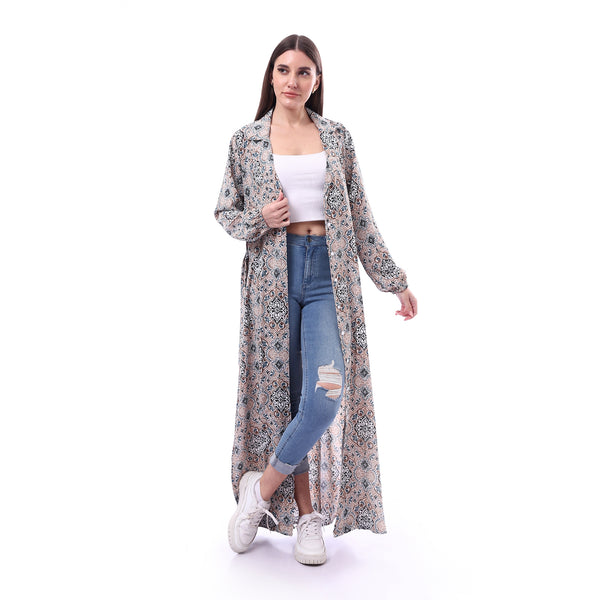 Colorful_Long_Sleeve_Dress_With_Drawstring_At_Waist_-_Beige_&_Turquoise