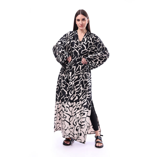 Silky_Black_Koftan_With_Drawstring_At_Waist_-_Black_&_White