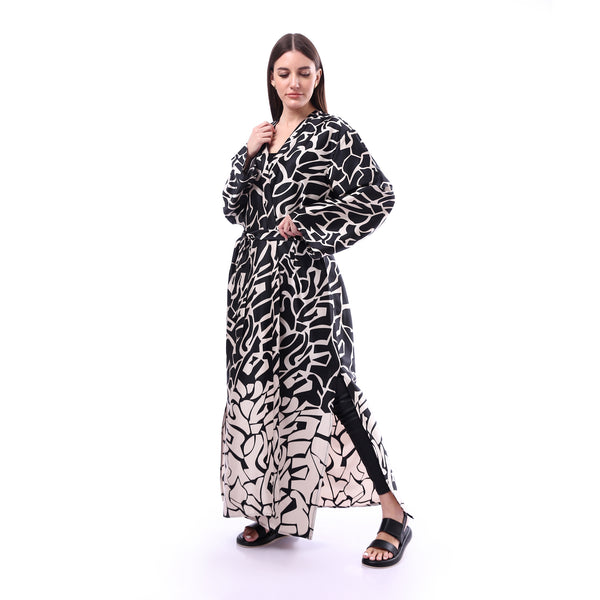 Silky_Black_Koftan_With_Drawstring_At_Waist_-_Black_&_White