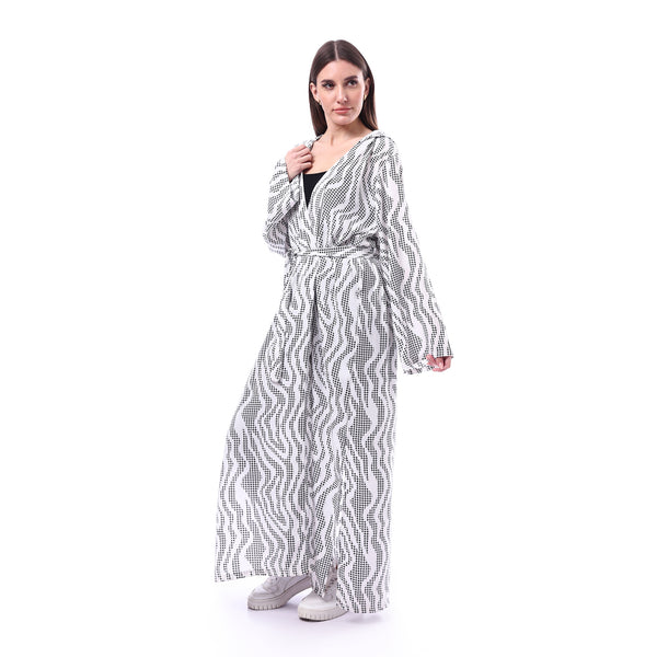 Slip_On_Patterned_Long_Koftan_-_White_&_Black