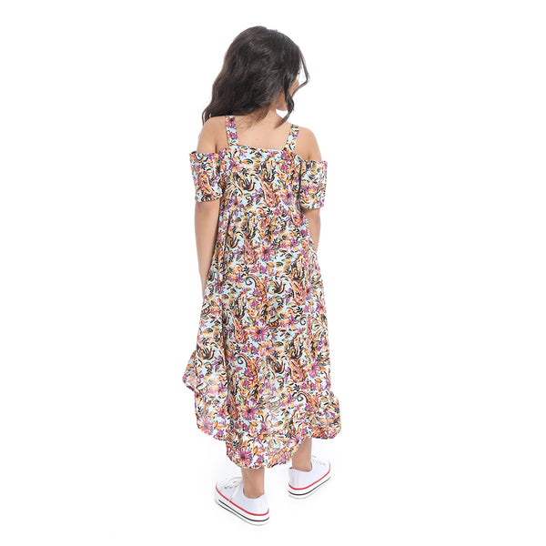 Off-Shoulders_Floral_Girls_Dress_-_White,Orange_&_Purple
