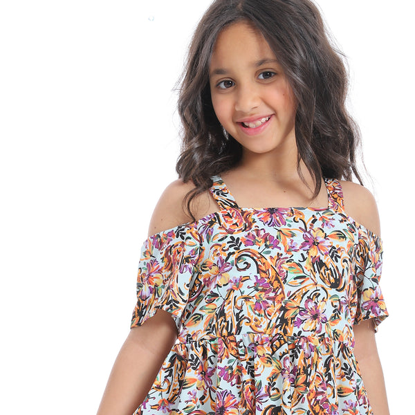 Off-Shoulders_Floral_Girls_Dress_-_White,Orange_&_Purple