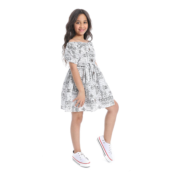 Off-Shoulders_Girls_Dress_With_Belt_-_White_&_Black