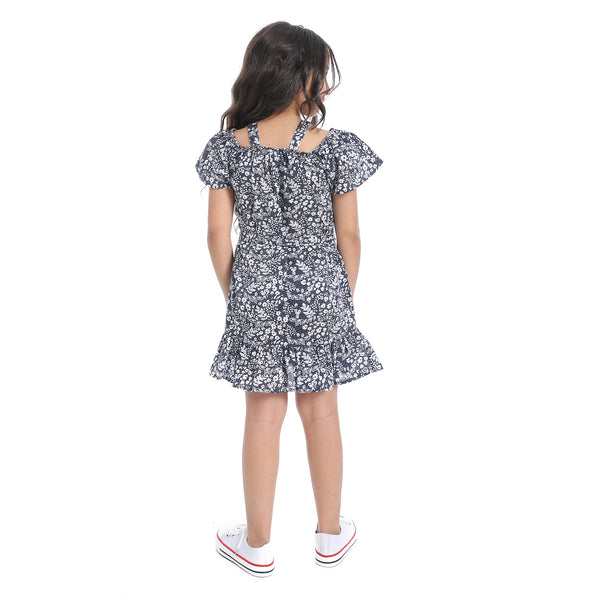 Off-Shoulders_Girls_Dress_With_Belt_-_White_&_Navy_Blue