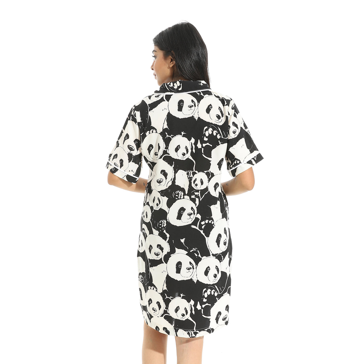 Panda_Shapes_Half_Sleeves_with_Button_Closure_Night_Gown_-_White_&_Bla ...