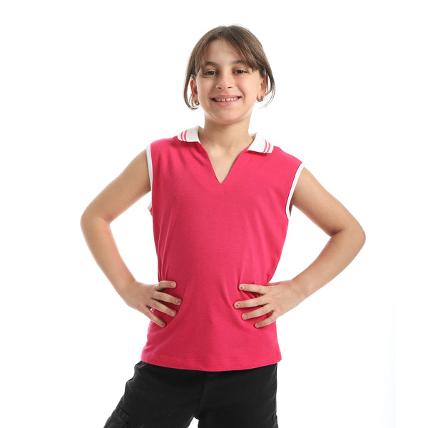 Cut_Sleeves_Turned_Down_Collar_V-Neck_Dark_Pink_T-Shirt-Pink