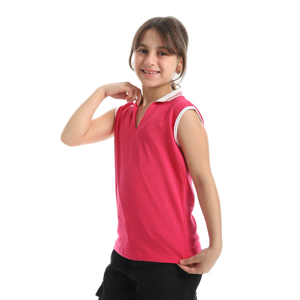 Cut_Sleeves_Turned_Down_Collar_V-Neck_Dark_Pink_T-Shirt-Pink