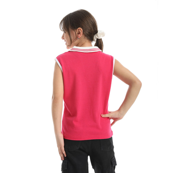 Cut_Sleeves_Turned_Down_Collar_V-Neck_Dark_Pink_T-Shirt-Pink