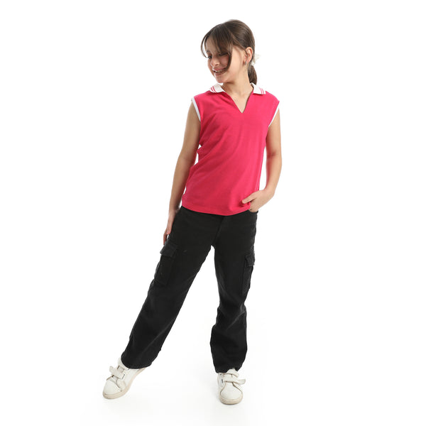 Cut_Sleeves_Turned_Down_Collar_V-Neck_Dark_Pink_T-Shirt-Pink